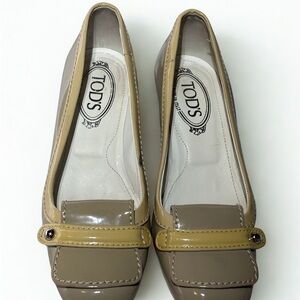 Tod’s Patent Leather Block Heel Pumps Taupe Beige Size 37 (US 7)